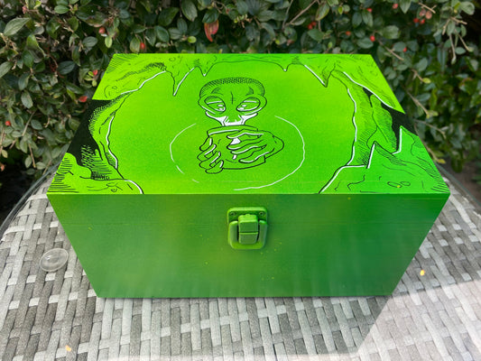 Alien Bud XXL Hand Painted Quality Wooden Stash Box With a Removable Rolling Tray & 3 Stash Pots - Limited Edition 1 of 1 Box