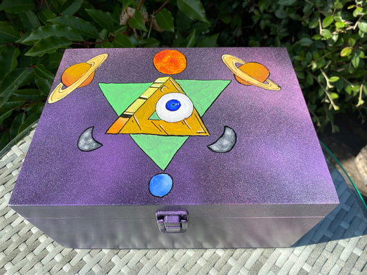 Ancient Eye XXL Hand Painted Quality Wooden Stash Box With a Removable Rolling Tray & 3 Stash Pots - Limited Edition 1 of 1 Box