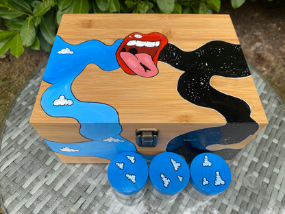 Between Two Worlds XXL Hand Painted Wooden Stash Box With a Removable Rolling Tray & 3 Stash Pots - Limited Edition 1 of 1 Box